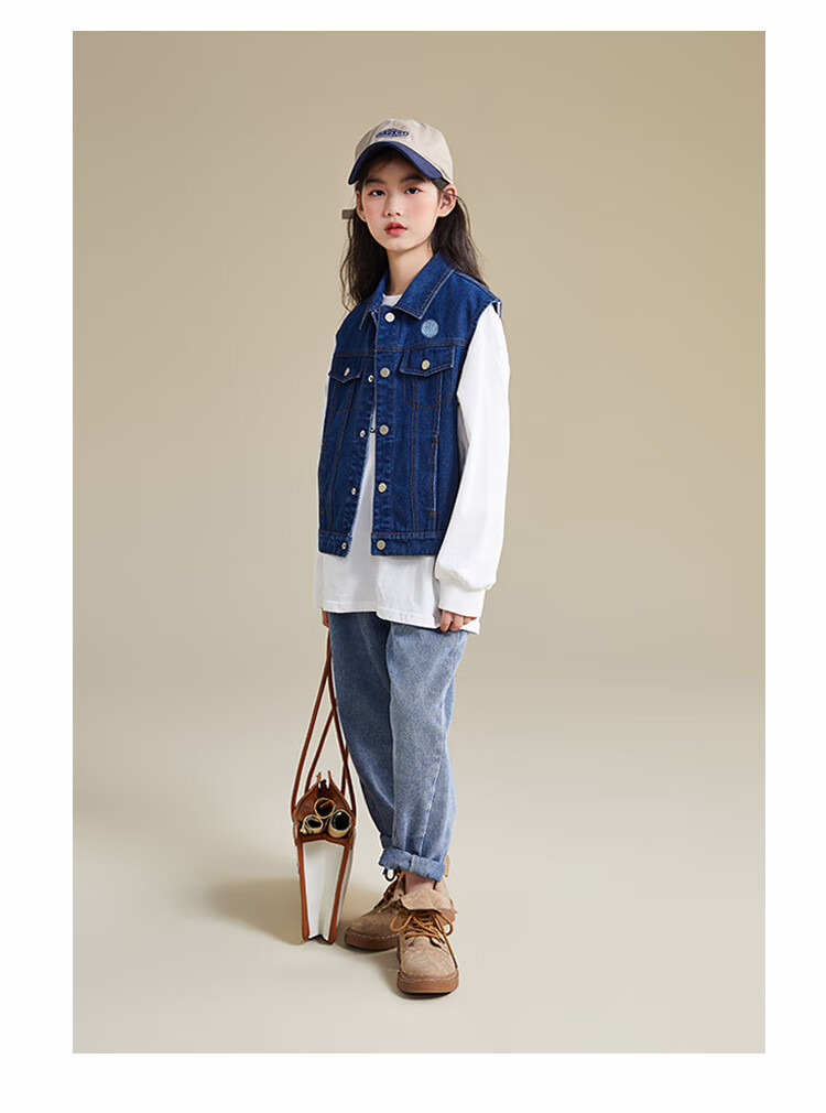 QQ DUCK Children's Denim Vest, Girls' Sleeveless Jacket, Youth Clothing, Classic Vest in Light Blue; Size 130 20