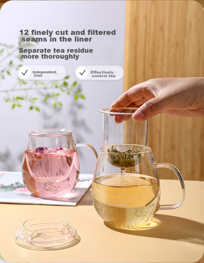 GLASSLOCK Glass Tea Cup, Heat-Resistant Children's Water Bottle, Tea-Water Separation Filter Cup, Home Use, for Men And Women, Tea Infuser Cup, 350ml 3