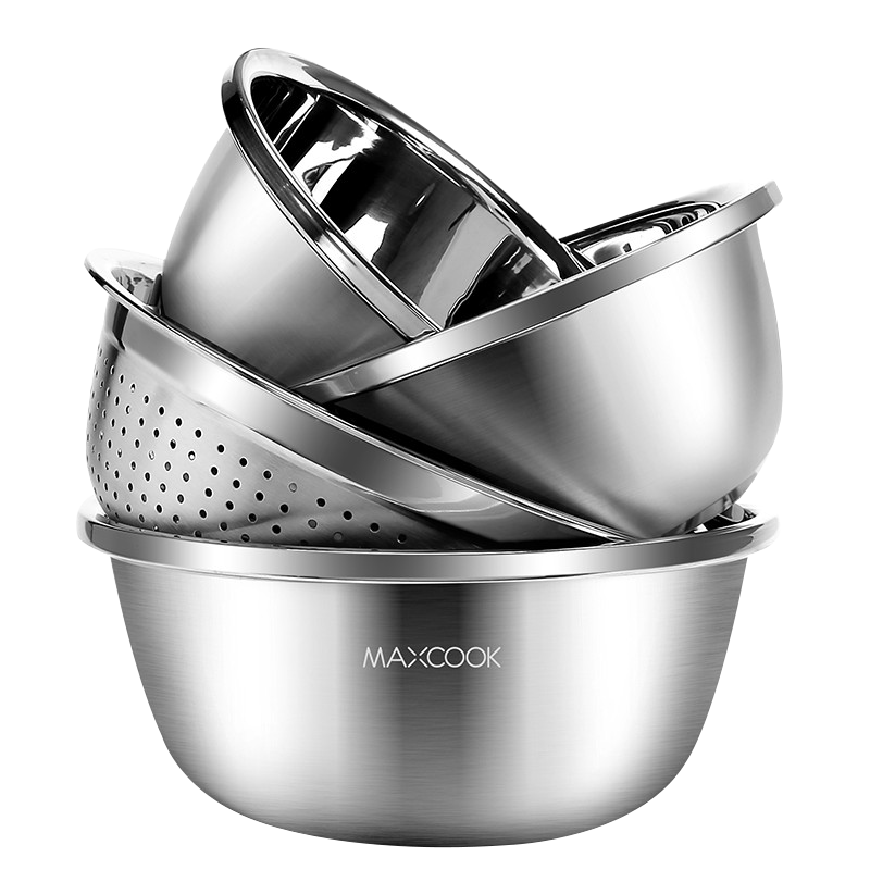 MAXCOOK 304 Stainless Steel Bowl And Sieve Set of Four Pieces, Enlarged And Thickened Seasoning Bowl, Vegetable Washing Bowl, Rice Sieve And Flavor Bowl Set MCWA559