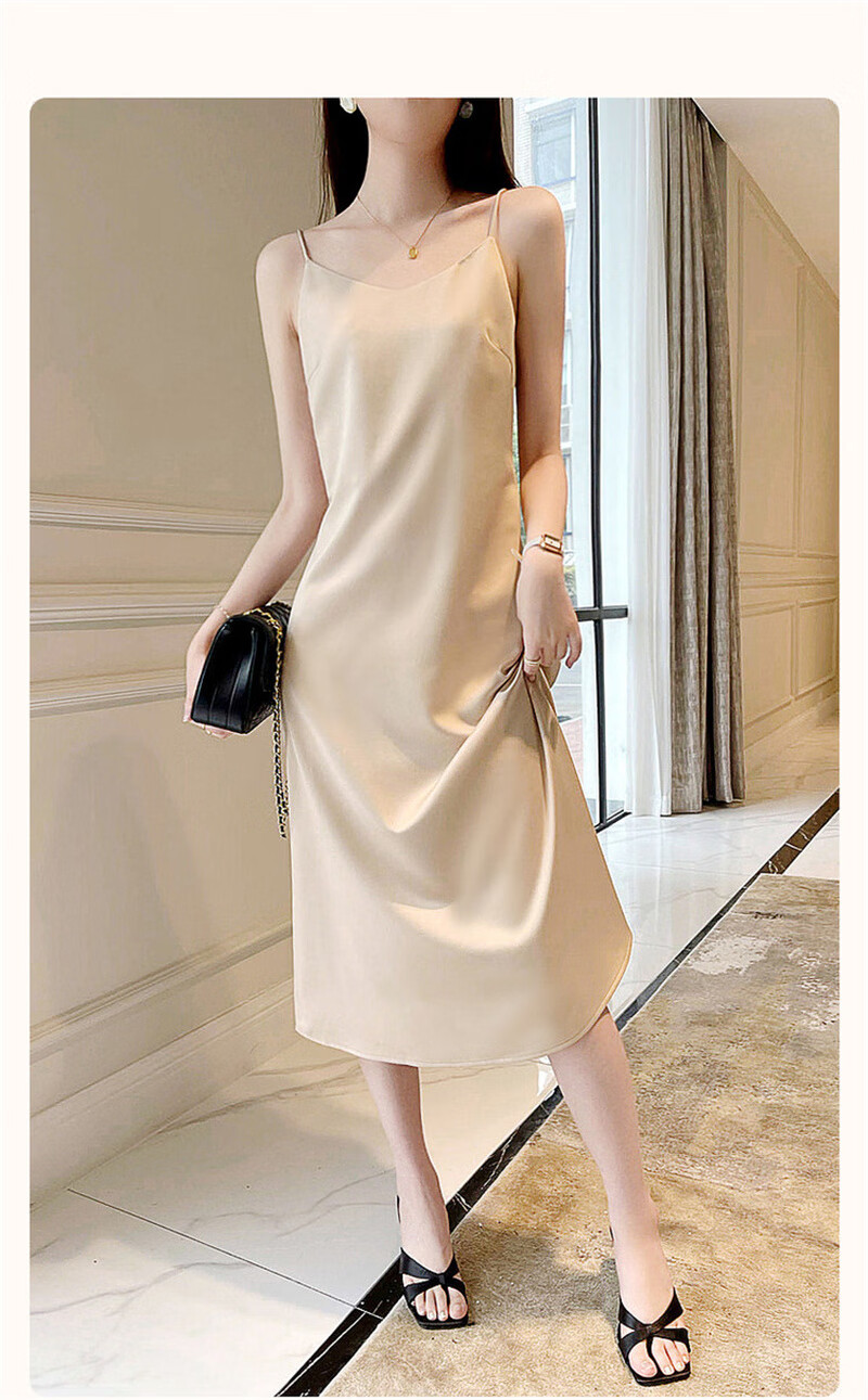 Dme [Nijin Suiyue] Summer Shiny Satin Elegant V-Neck Slimming X-Shaped Spaghetti Strap Dress, Mid-Length for Wome 2