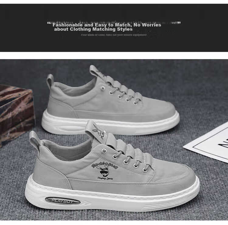 PLAYBOY Men's Shoes, 2026 Autumn And Winter Canvas Shoes, Trendy Footwear, Low-Top Ice-Cool Versatile Casual Shoes for Men, Gray, Size 44 10