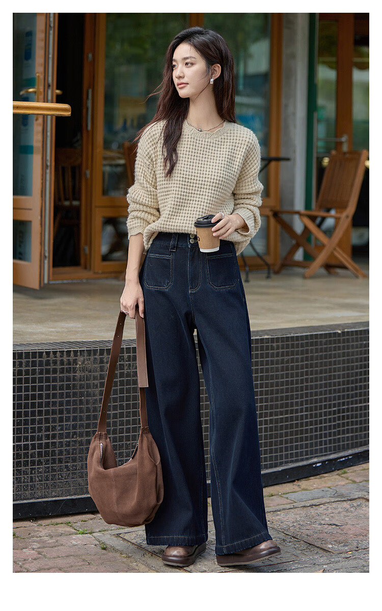 Dme Simple Blue Straight-Leg Pants Winter Style Double-Buckle Wide-Leg Design Fleece-Lined Jeans for Wome 3