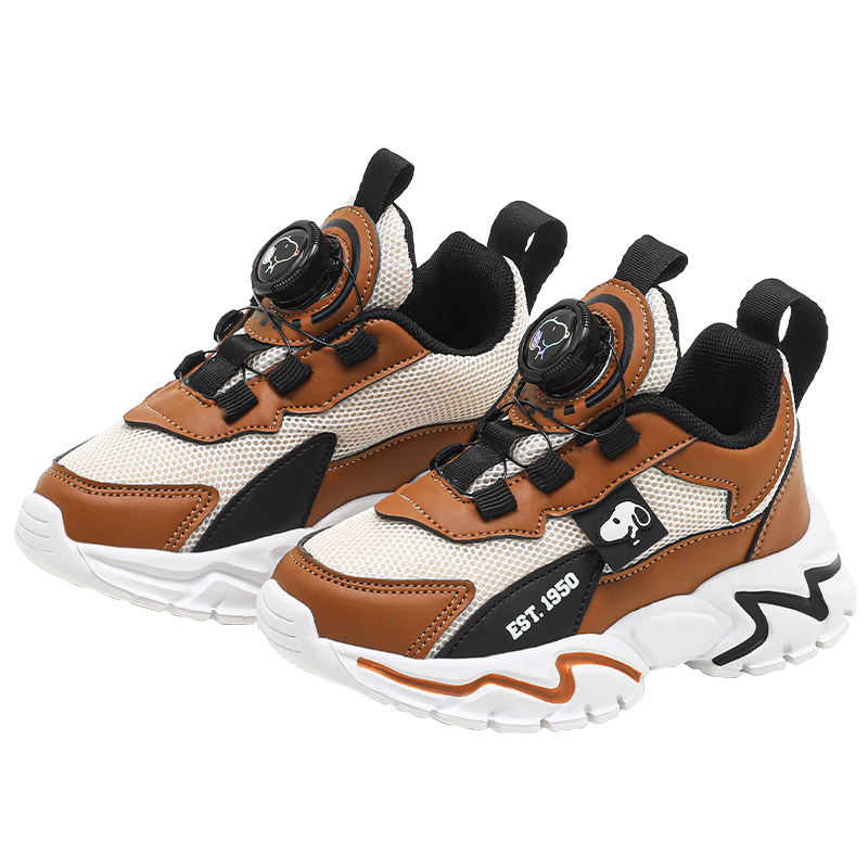 SNOOPY Children's Lightweight Sneakers, Boys And Girls Student Autumn Versatile Casual Shoes, 3813 Beige Brown, Size 32