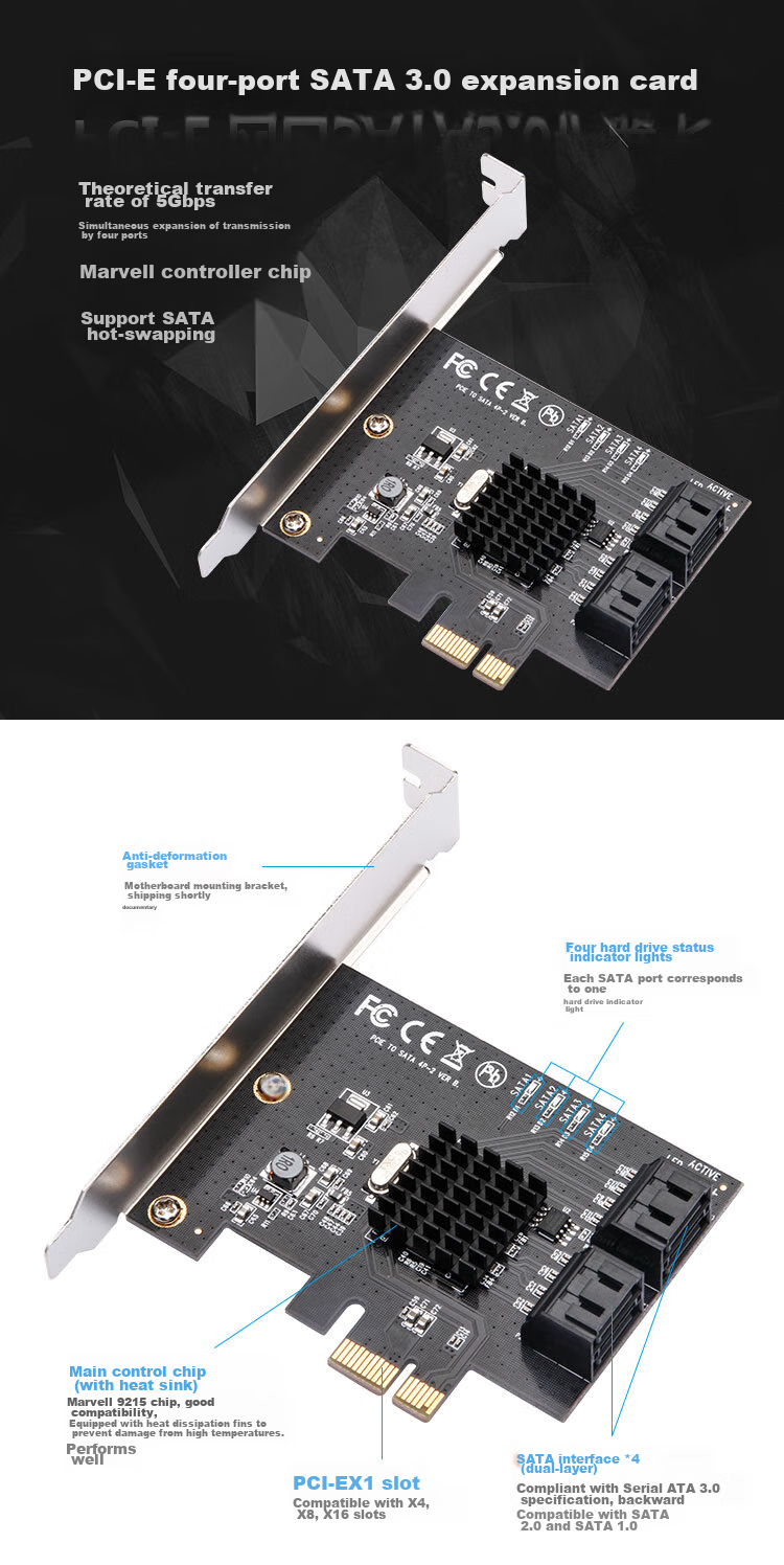 MOGE Desktop PCIE to 4-Port SATA 3.0 Hard Drive Expansion Card, Marvell 9215 Chip, Supports System Boot MC2692 2