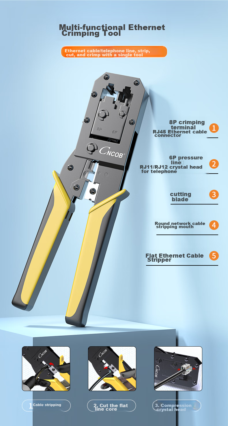 CNCOB Network Cable Crimper Tool Kit, Multifunctional Network Tester, Wire Stripper, RJ45 Crimping Tool Set, CN-A 2