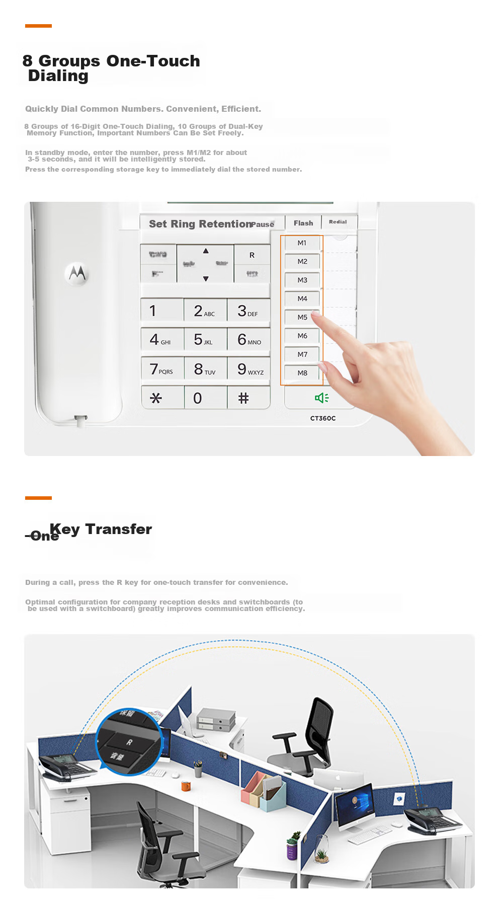 Motorola Light Luxury Landline Telephone, 4.2-Inch Large Screen, 5-Meter Long-Distance Hands-Free, Piano Lacquer Finish, for Office And Home Use, CT360C (White) 3