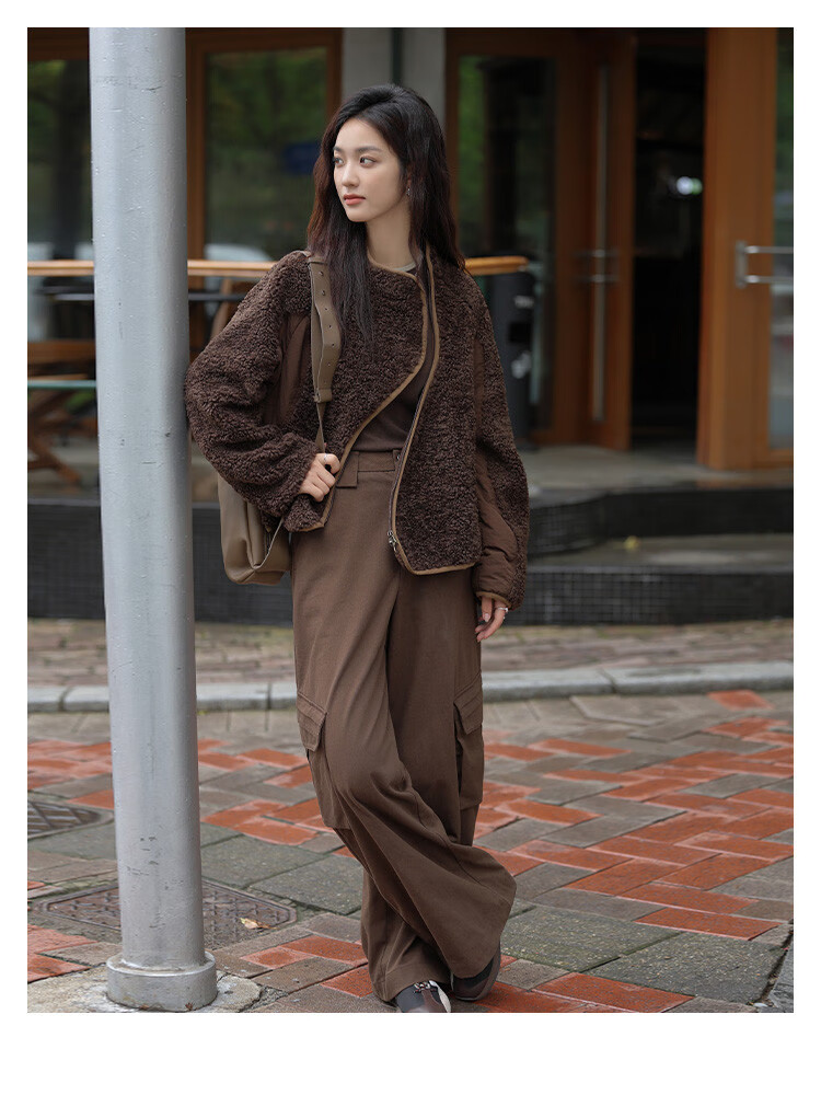 Dme Vintage Plush Jacket Autumn And Winter Style Irregular Arc Zipper Faux Sherpa Coat for Women Coffee Color L 8