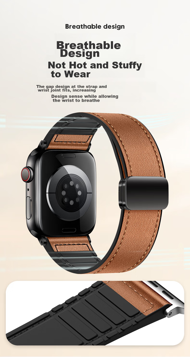 BHO Compatible Apple Watch Band for Apple Watch S12/S11 Genuine Leather Strap, IWatch S10/9/8/7/6/Ultra4/SE3/2/1 Magnetic Buckle Genuine Leather Strap 6