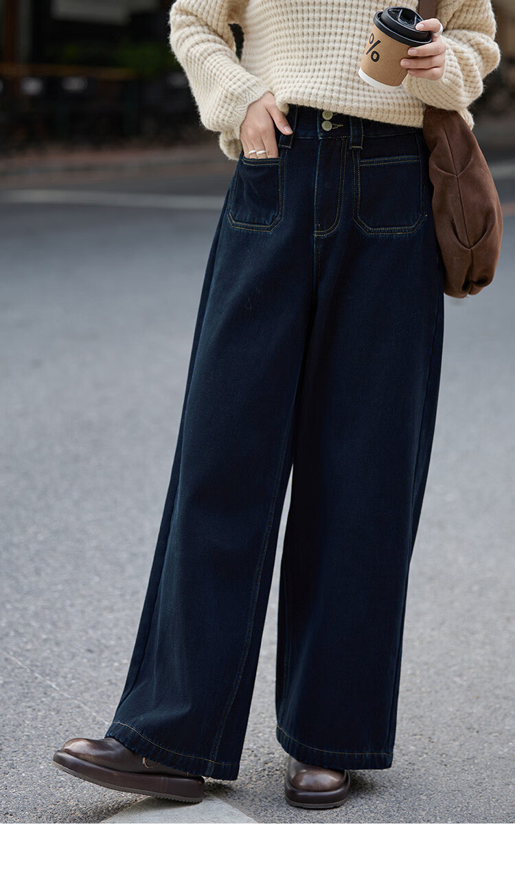 Dme Simple Blue Straight-Leg Pants Winter Style Double-Buckle Wide-Leg Design Fleece-Lined Jeans for Wome 14