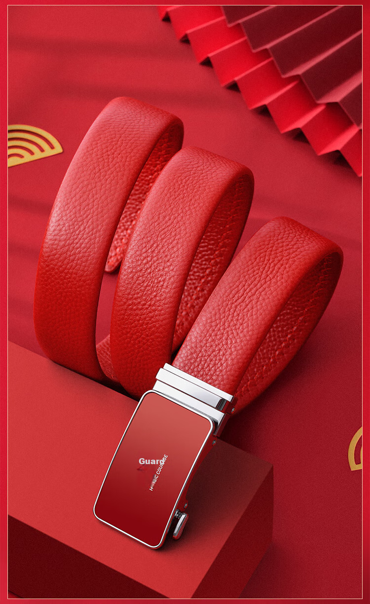 HLA Men's Belt with Automatic Buckle, Business-Style Top-Layer Cowhide Red Waistband, Fashionable Birthday Gift, Trouser Belt for Boyfriend Or Father 3