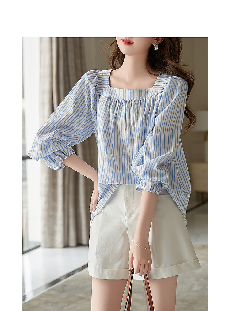 Dme Lantern Sleeve Striped Blouse Women's Top, Navy Blue, S 3