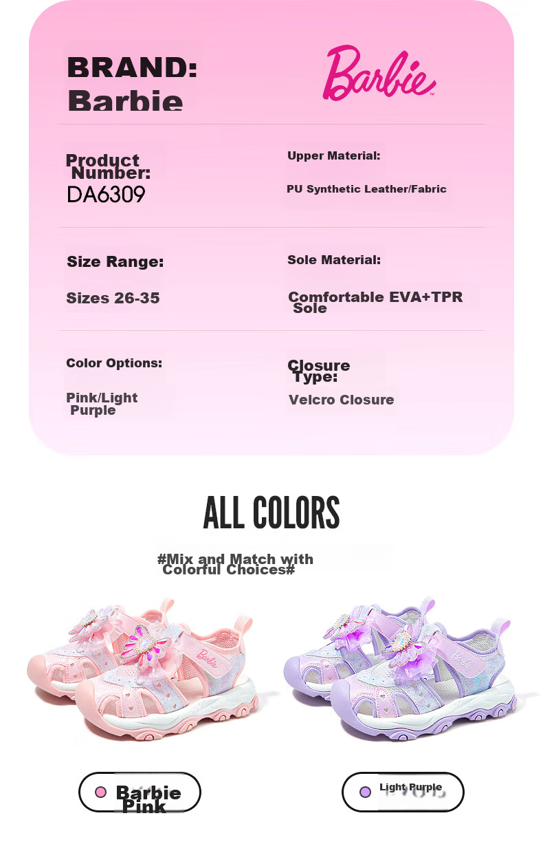 Barbie Girls' Sandals, Casual Outdoor Beach Summer Princess Closed-Toe Sports Sandals DA6309 Pink Size 28 11