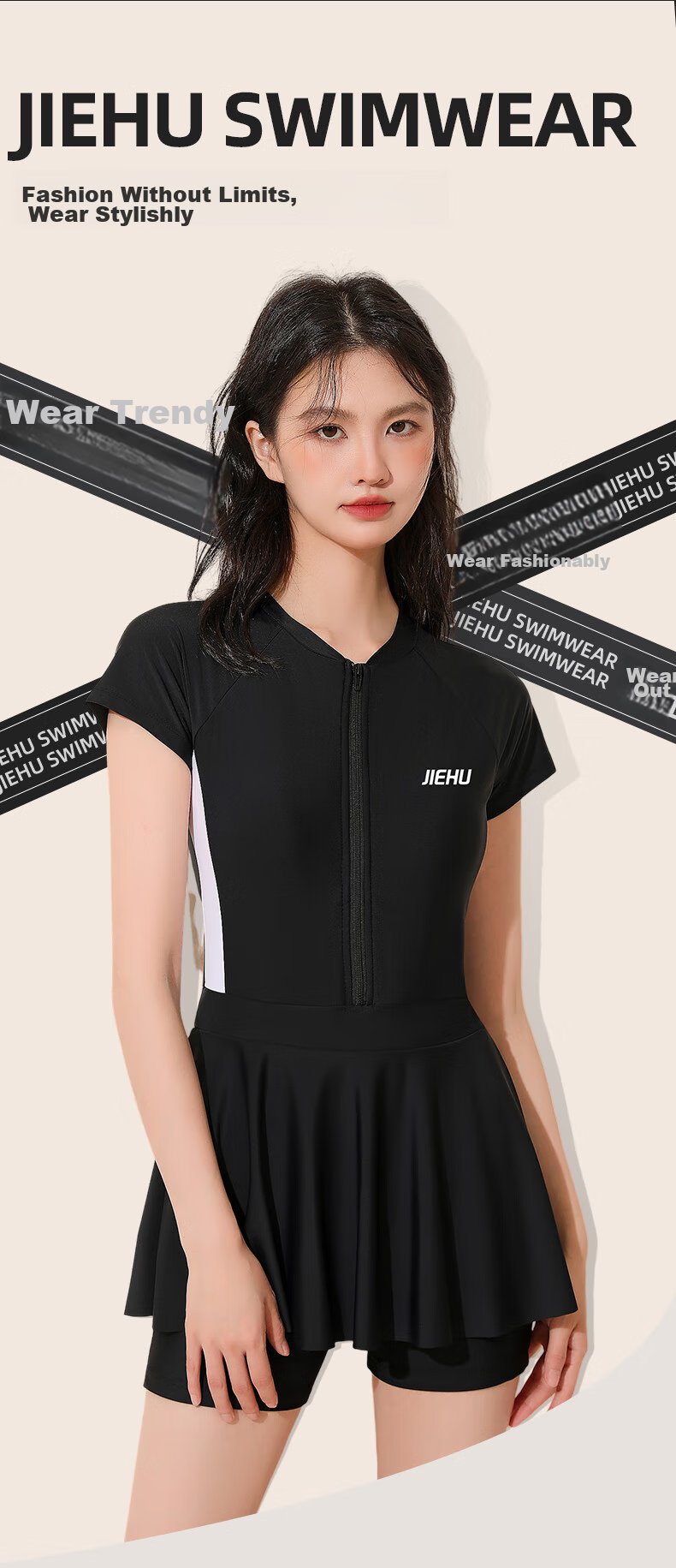 Jiehu One-Piece Swimsuit Dress for Women, Conservative Swimwear for Hot Springs And Swimming, Tummy Control Slimming Chlorine-Resistant Quick-Dry Swimsuit, Black And White, Size M 2