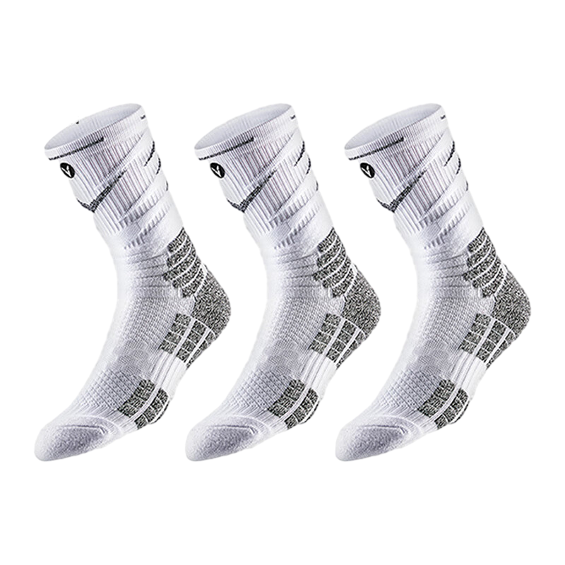 VEIDOORN Regeneration Series Practical Basketball Socks, Elite Terry Bottom High Tube Socks for Men, White Three-Pair Set, One Size Fits All