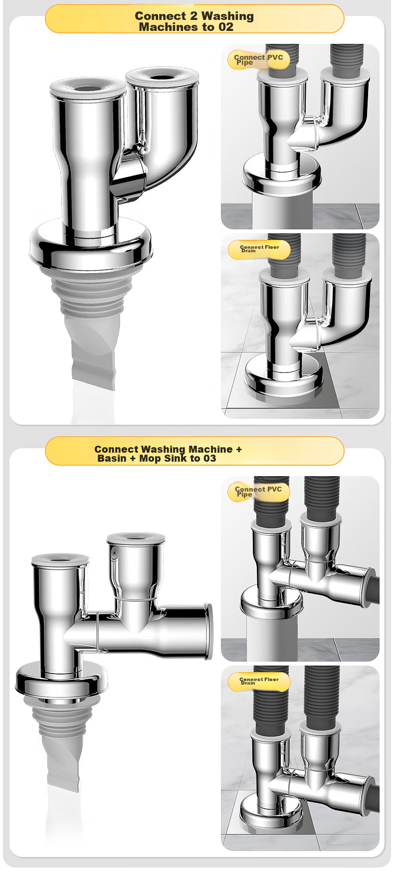 Haili Washing Machine Floor Drain Four-Way Connector, Drainage Pipe, Multifunctional ABS Kitchen Sink Drainpipe, Anti-Odor, Anti-Overflow, Universal DF4 12