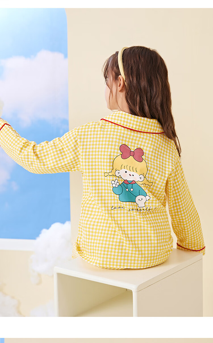 Dingguagua Children's Pajamas for Girls, Spring And Autumn, Pure Cotton Long-Sleeve, for Older Girls And Toddlers, Cardigan Style, Girls' Loungewear, Yellow, Size 140 12