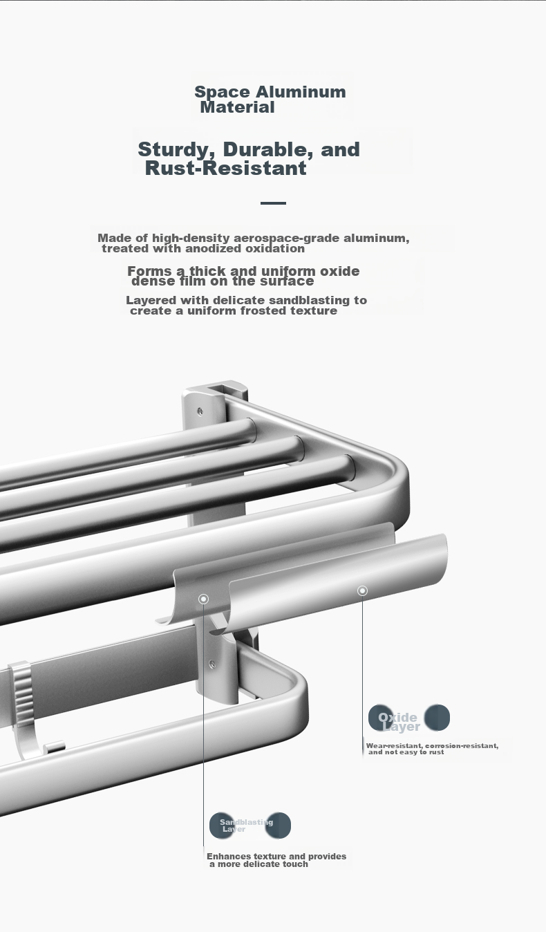 HEGII Towel Rack, Bathroom Storage Shelf, Space Aluminum, No Drilling Required, Double-Rod Hook Towel Rack HMP921-02 6