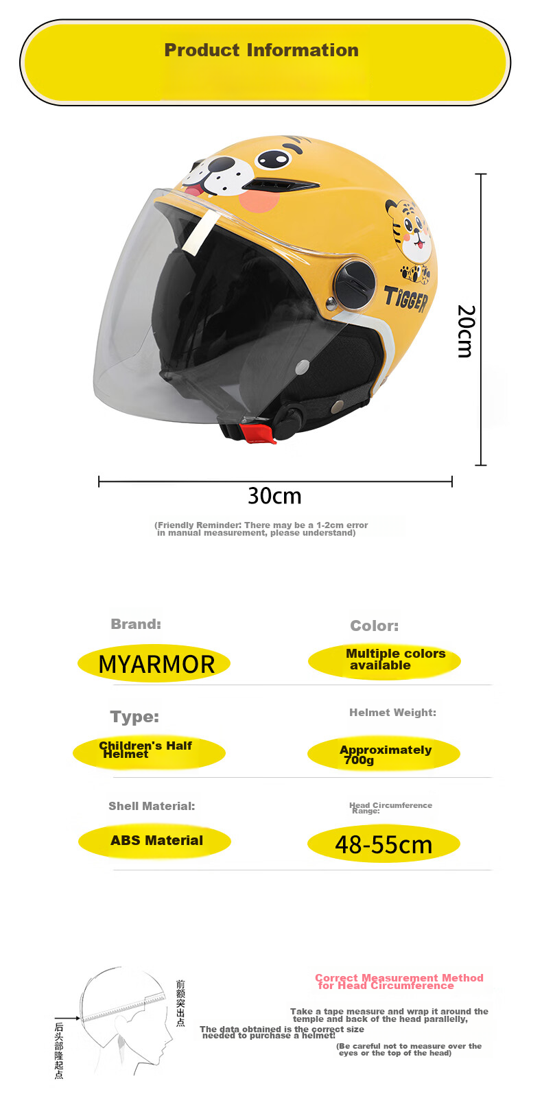 MYARMOR Children's Helmet, Electric Vehicle New National Standard 3C Certified Motorcycle Half Helmet, Lightweight Safety Helmet for Boys And Girls, Suitable for All Seasons, One Size Fits All (48-55), Yellow 24