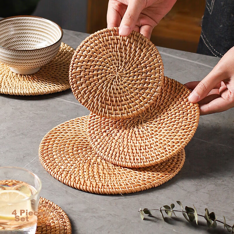 Siwangongli Rattan Heat-Resistant Mat, Household Anti-Scalding Pot Holder, Bowl Pad, High-Temperature Resistant Table Mat, Heat-Proof Plate Mat, Coaster, Teapot Tray