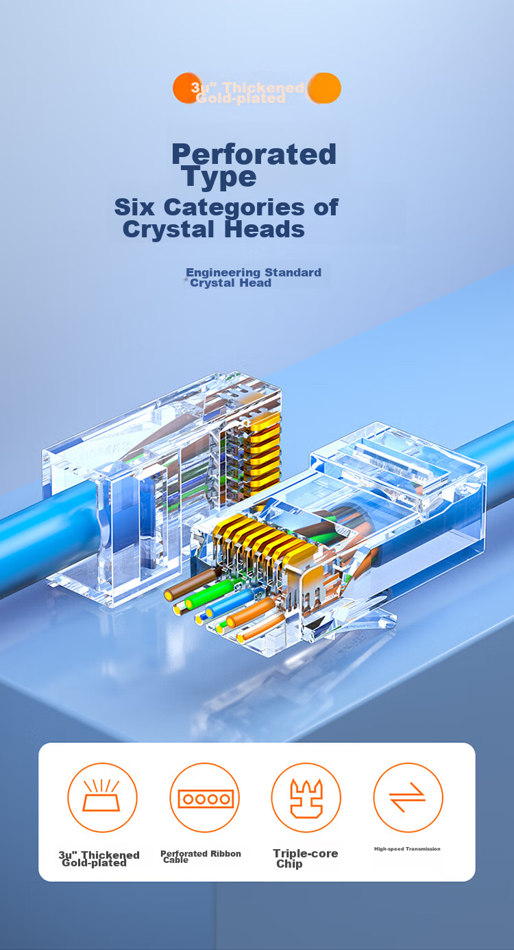 SAMZHE Category 6 Straight-Through Punch-Down Crystal Head, 8P8C Gold-Plated Gigabit Network Connector, RJ45 Cable Plug, CAT6 Through-Hole Crystal Head, 30 Pieces, CKT630 2