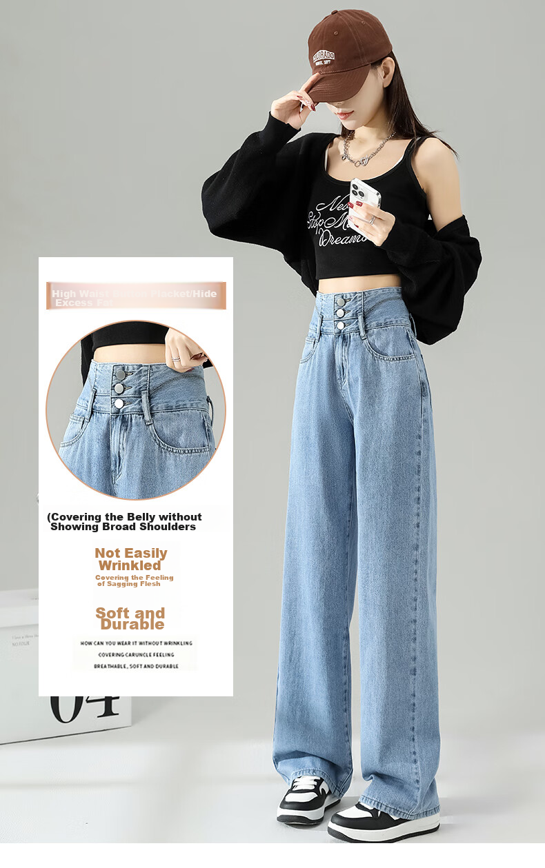LangSha Women's Jeans, Spring And Summer Three-Button High-Waist Loose Wide-Leg Pants, Slimming Thin Vintage Straight-Leg Trousers for Wome 6