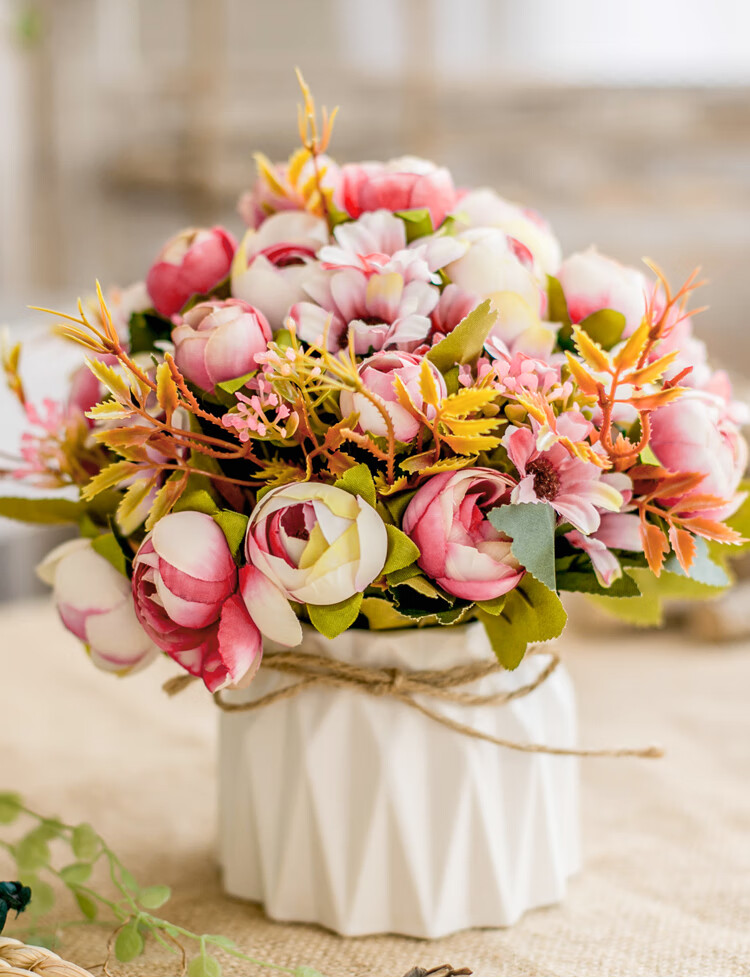 SUGER LOVE Nordic Style Artificial Flower Arrangement Set with Plastic Flowers and Ceramic Vase Pink for Living Room Dining Table Decoration 3