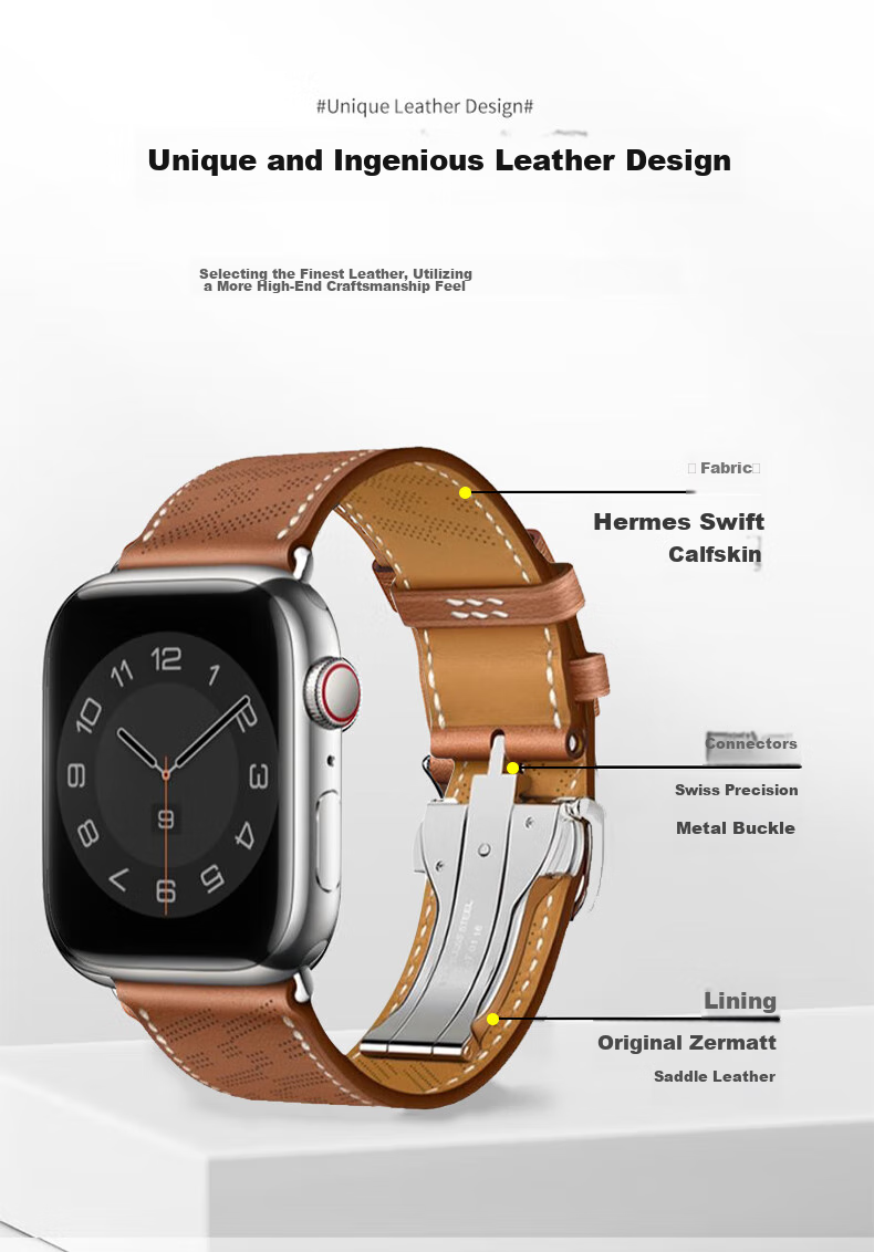 MSSM Compatible Apple Watch Band, Hermes Style IWatch S12 Genuine Leather Folding Buckle Strap, Ultra4/S11/10/Se3 Micro-Hole Light Brown, 44-49 7