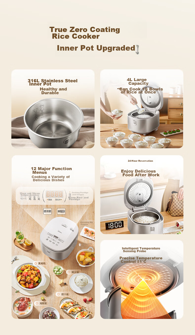 Midea Rice Cooker, Non-Coated Electric Rice Pot, 4 Liters, 316L Stainless Steel Inner Pot, for 3-4 People, Home Use, Multifunctional, No Coating, Micro-Pressure, Smart Reservation, MB-RE476S 5