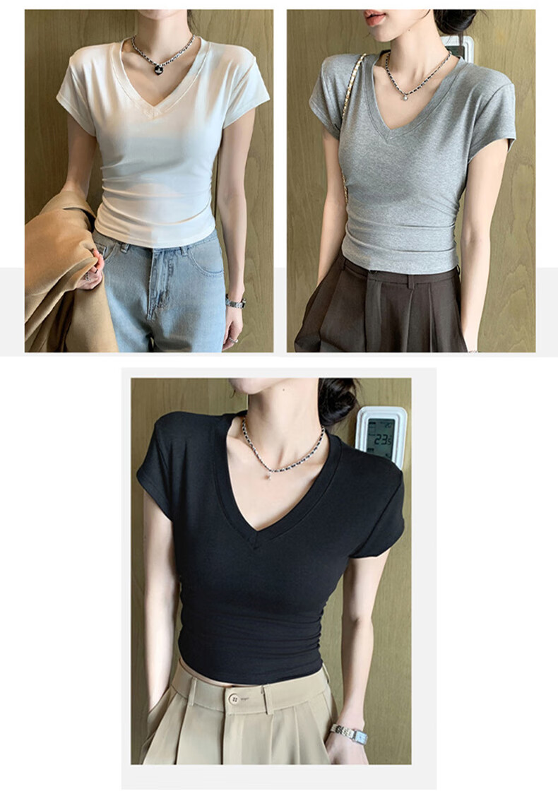 XUEXIMAN Women's Summer T-Shirt, Stylish And Simple Design, Slim Fit with Waist-Cinching V-Neck, Wrinkled High Cotton Short Sleeves for Wome 4