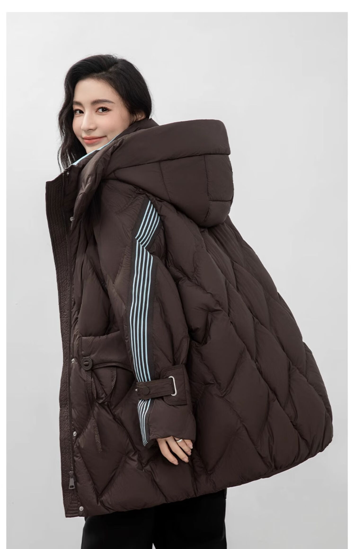 BLOOM FLOWERS Women's Down Jacket 2025 Winter Mid-Length Solid Color Striped Fashion Casual Hooded Warm Coat 24