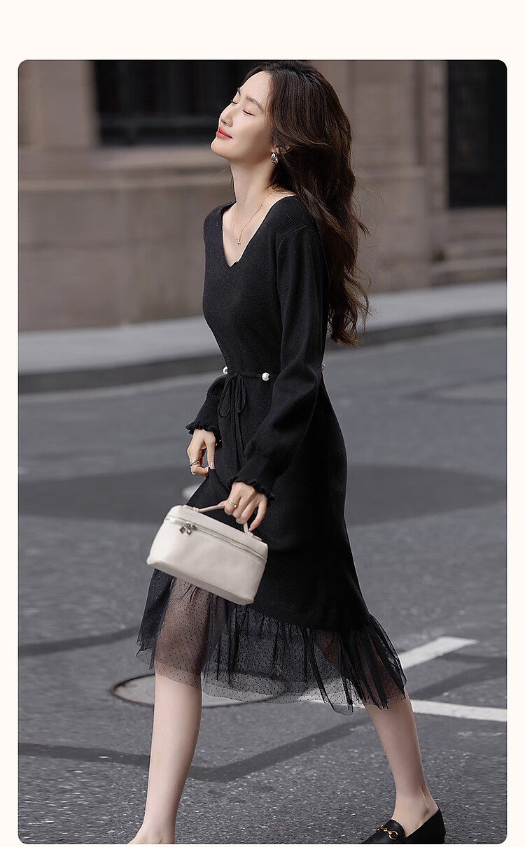 Dme [Retro Sweet Lady] Spring And Autumn Gentle Style Faux Two-Piece Pearl Drawstring Mesh A-Line Dress 2
