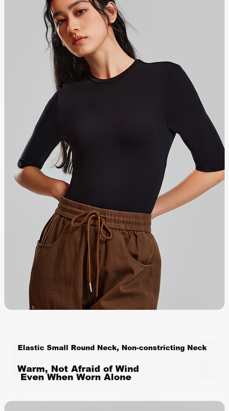 YOUKESHU Women's Base Layer, Spring Round Neck Comfortable Solid Color Inner Wear, Mid-Sleeve Top for Women, Versatile Girls' T-Shirt 5