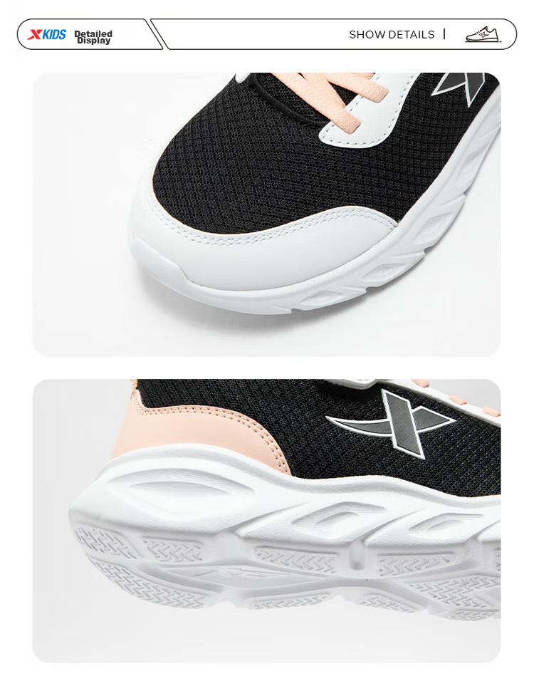 XTEP Children's Shoes Girls' Mesh Upper Basic Soft Sports Running Shoes Black/Romantic Pink Size 35 11