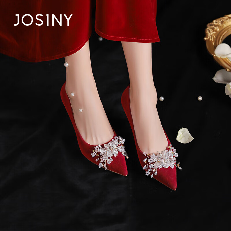 Josiny Red Wedding Shoes for Women, Spring 2026 New Season High Heels, Bridal Engagement Shoes, French Style Pumps, Xiuhe Wedding Dress Red, Size 36
