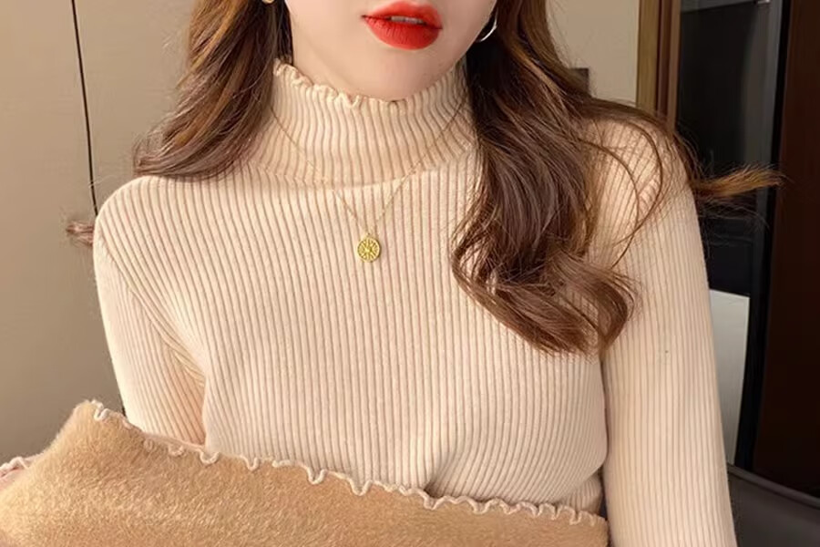 YUZHAOLIN Half Turtleneck Fleece Lined Ruffled Edge Sweater Women Autumn Winter Thickened Knitwear Warm Top 22