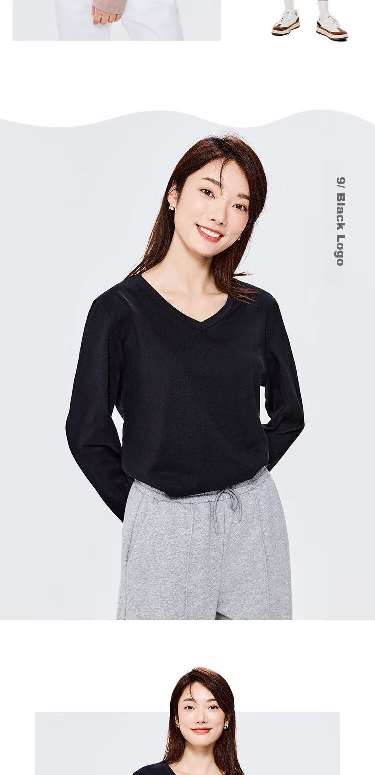 Giordano Women's Basic Comfortable Undershirt, Pure Cotton Solid Color V-Neck Long Sleeve T-Shirt for Women 13322759 13