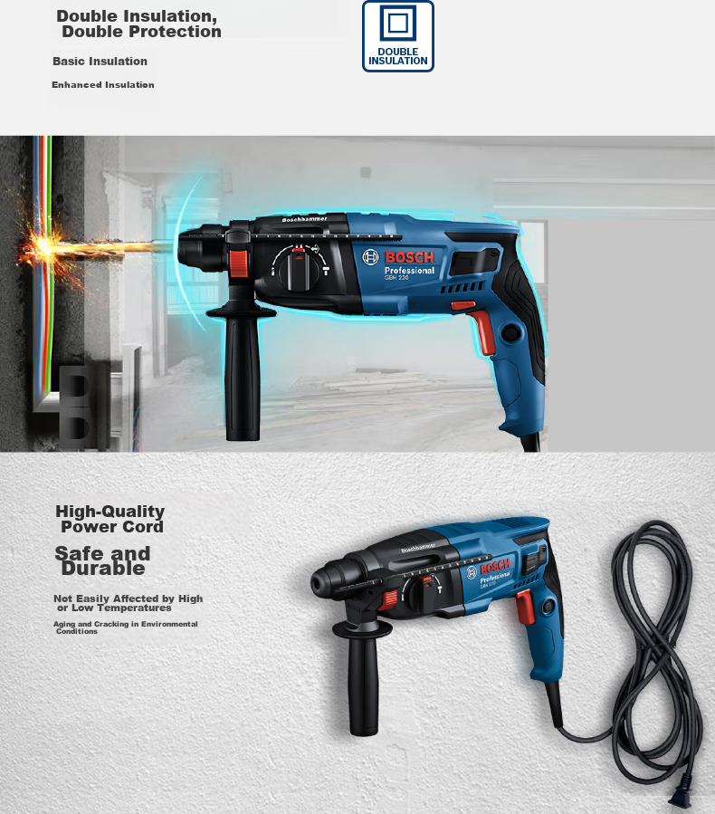 BOSCH Hammer Drill, Electric Drill, And Pick Three-In 2kg Lightweight Household Hammer Drill GBH220 with Drill Bits And Accessory Tool Box Set 12