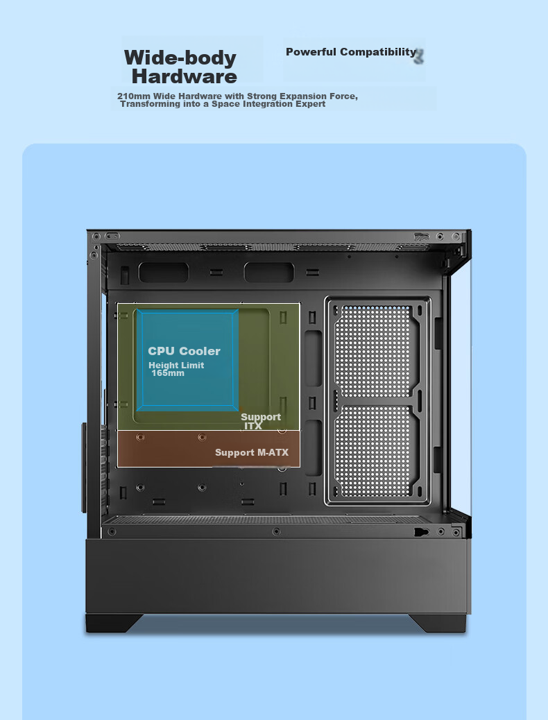 BUBALUS Phantom Black No-Pillar Panoramic Case (360mm Radiator Support / Full-View Tempered Glass / Supports 5-Slot M-ATX Motherboard / Long Graphics Card Compatible) 7