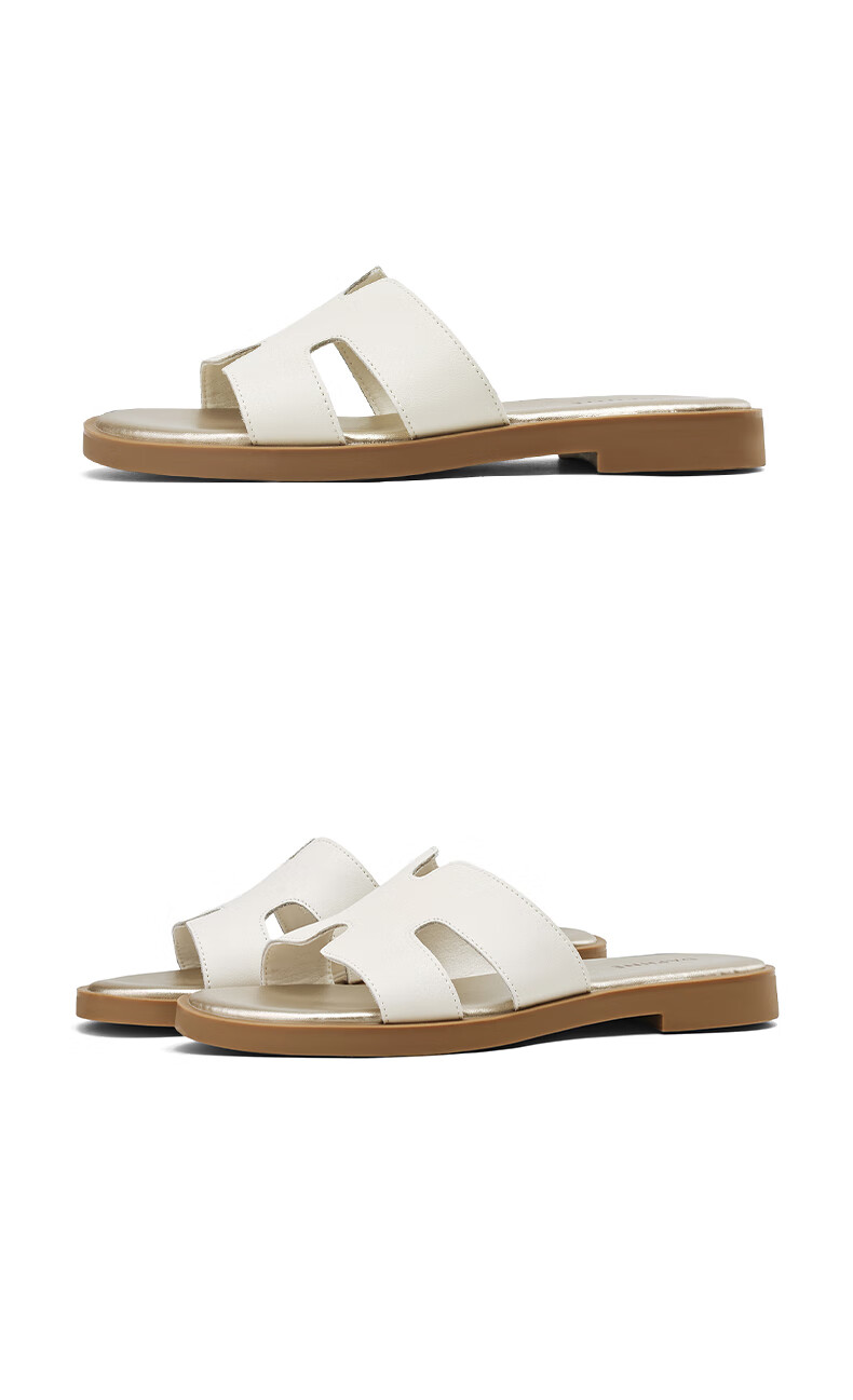 DAPHNE Women's Leather Slide Sandals, Comfortable Soft-Soled Home And Beach Shoes, Style 4024303084, Beige, Size 37 14