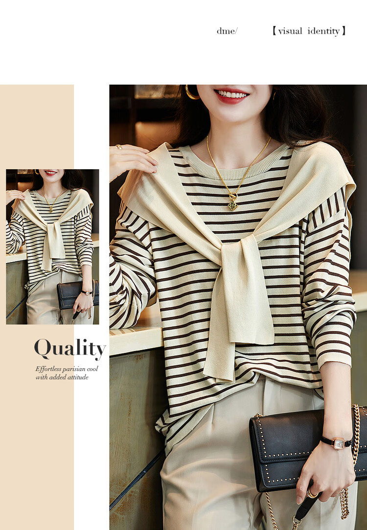 Dme [French Knit Sweater] Spring And Autumn Round Neck Double Curved Striped Contrasting Color Women's Knit Sweater, Off-White, XL 13