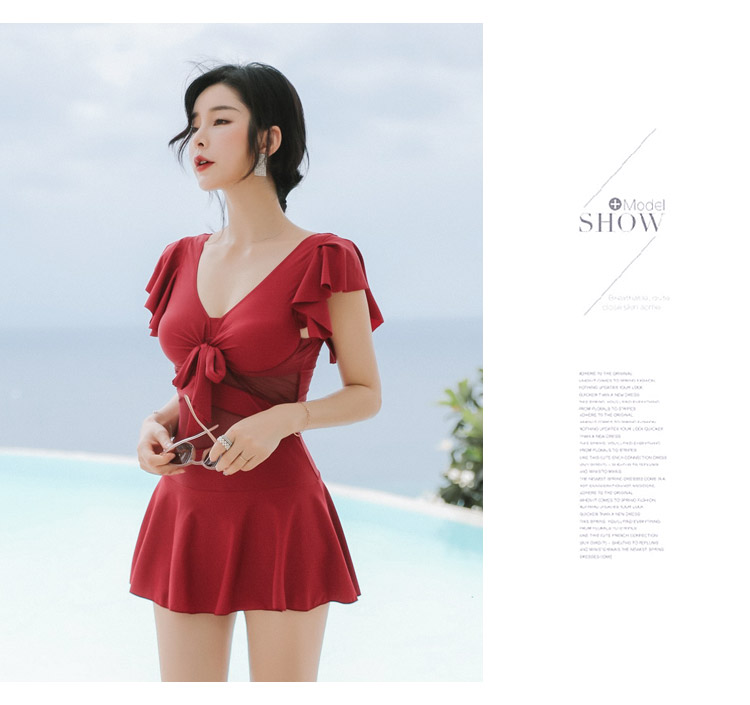 DK Swimsuit for Women, Sexy Push-Up Korean Style One-Piece Dress, Conservative Tummy-Covering Slimming Swimwear for Hot Springs, Red, M 5
