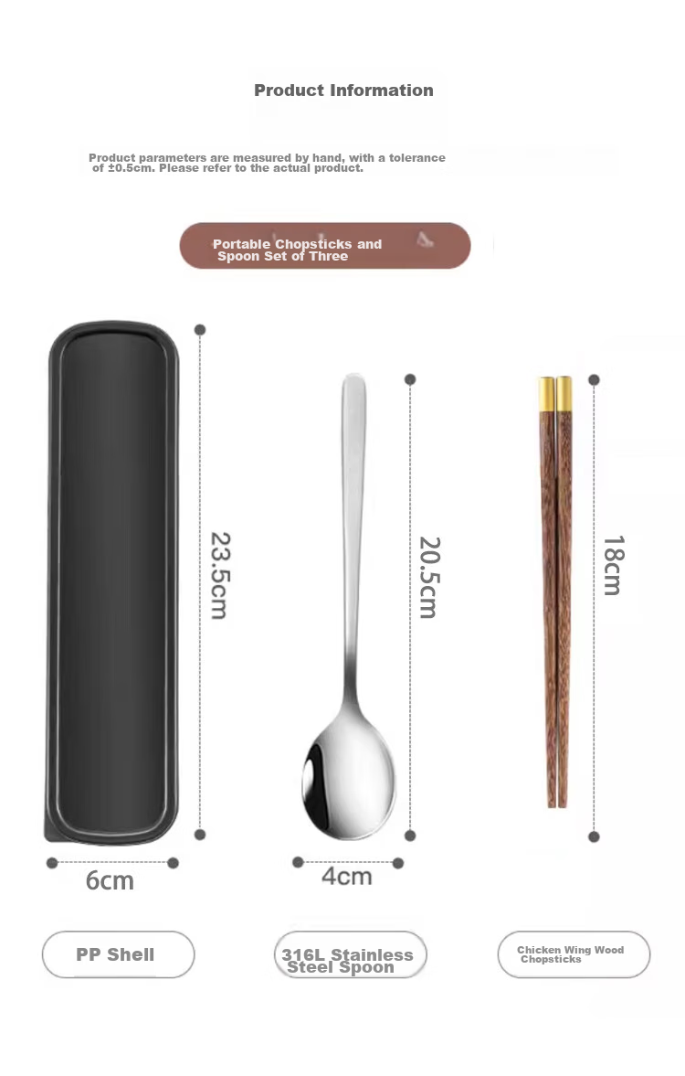 Shihua 316L Stainless Steel Spoon And Wooden Chopsticks Set, Chicken Wing Wood Portable Chopsticks And Spoon Three-Piece Set 9