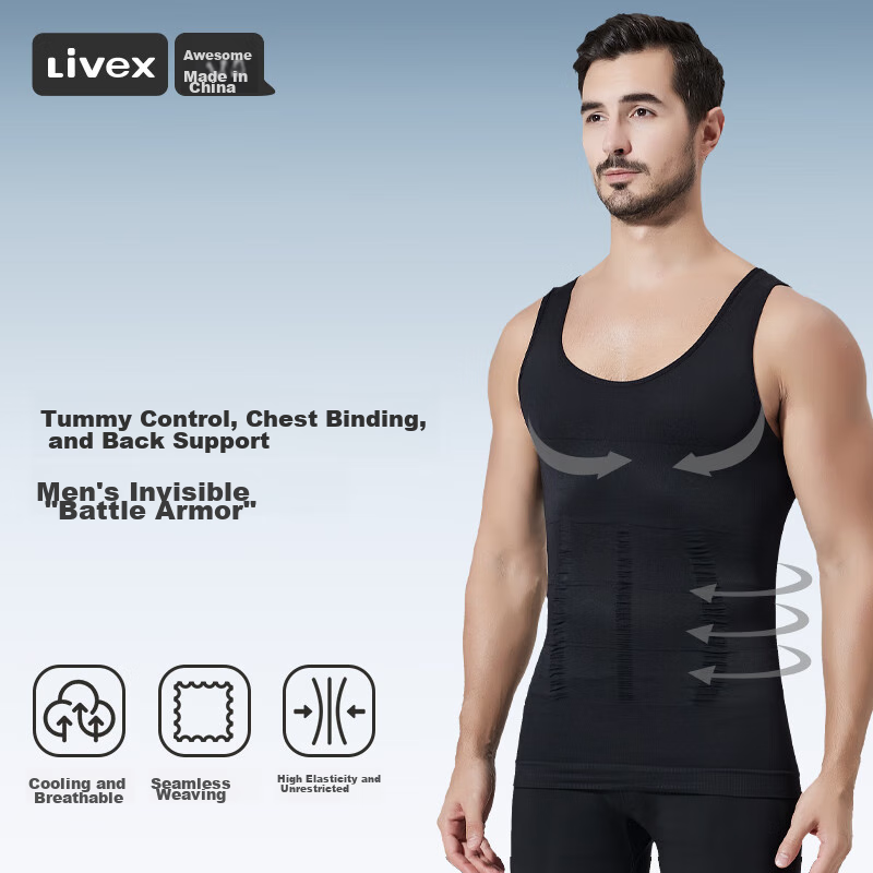 Livex Men's Tummy Control Tank Top, Tight-Fitting Shaping Shirt, Fitness Workout Waist-Cinching Chest-Slimming Belly-Reducing Breathable Undershirt for Me