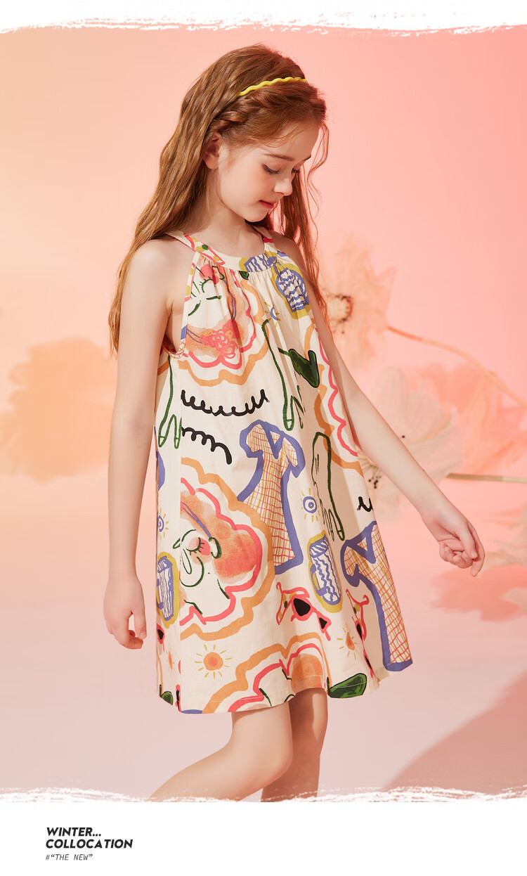 ASK JUNIOR Girls' Summer Dress, Children's Graffiti Spaghetti Strap Princess Dress, Beach Vacation Style 9