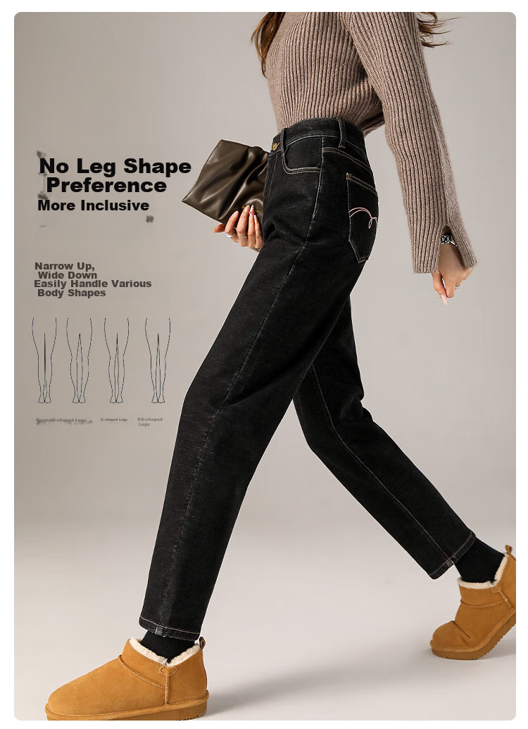 Dme [Extreme Cold Protection] Winter Fleece-Lined Thick Dad Pants, Loose-Fitting Slimming Denim Harem Pants for Women, Carbon Black, Size 31 7