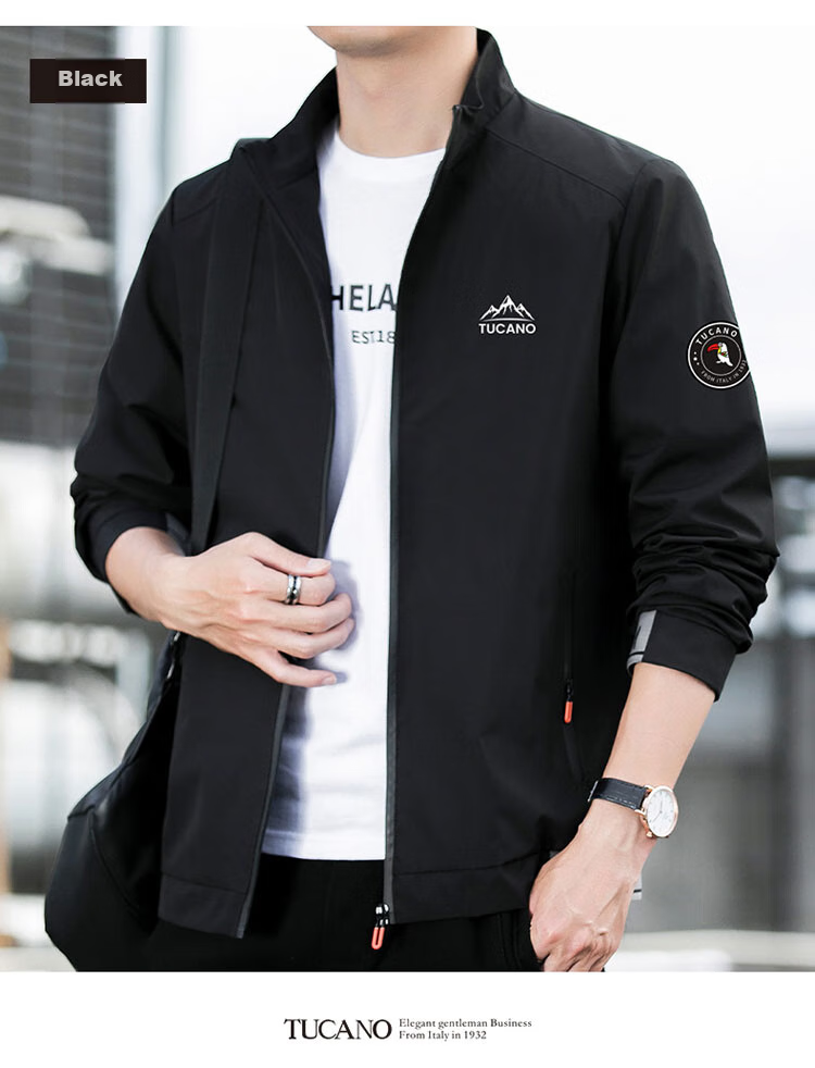 TUCANO Men's Jacket, Spring And Autumn Business Casual Windbreaker, Loose-Fitting Trendy Stand-Collar Coat for Men, Black, 2XL 17
