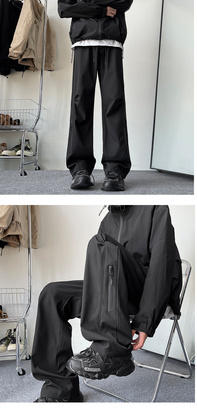 IZEXX Mountain-Style Water-Repellent Casual Pants for Men, Summer Straight-Leg Wide-Leg Outdoor Paratrooper Cargo Trousers IZ37 Black M 10