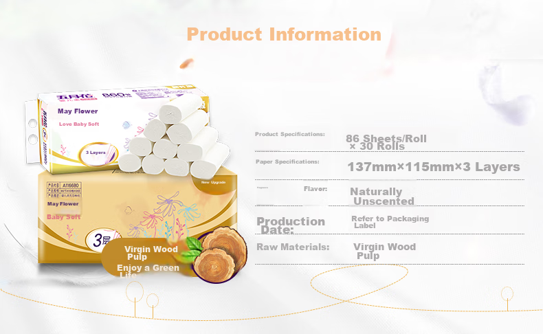 May Flower Coreless Toilet Paper, 3-Ply, 86 Sheets*30 Rolls, Soft And Thick, Durable Bathroom Tissue, Whole Box Packaging 2