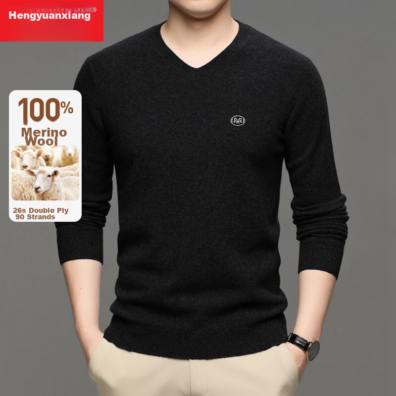 Hengyuanxiang Men's Thick 100% Pure Wool Sweater, Autumn And Winter Solid Color Casual Base Layer Knit Pullover for Young And Middle-Aged Me