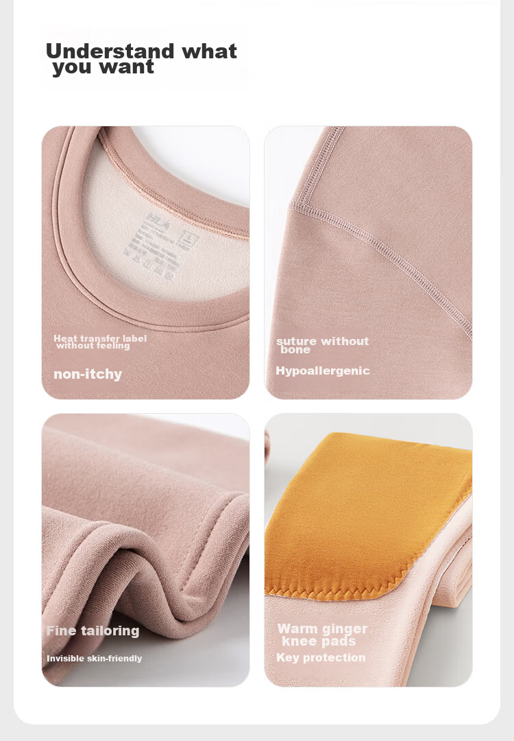 HLA [Xiaohuo-7 Fen Huo] Women's Thermal Underwear, Fleece-Lined Warm Ginger Heating Patch, Thickened Autumn Top And Pants Set 15